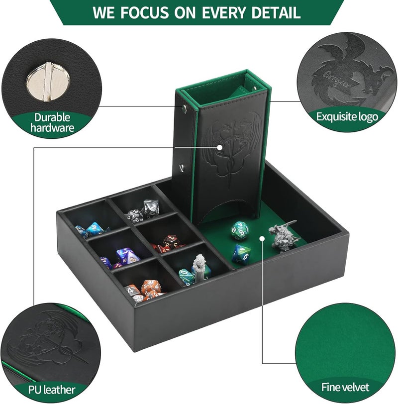Grajar 3 in 1 Dice Tray with Lid, Portable Dice Box Storage, D&D RPG MTG Table Games (Green) - Image 5